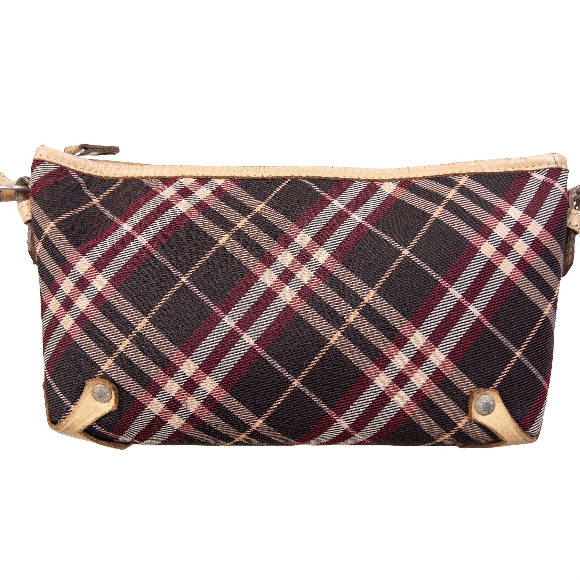 Burberry beige crossbody bag featuring classic Nova Check pattern and branded metal studs.