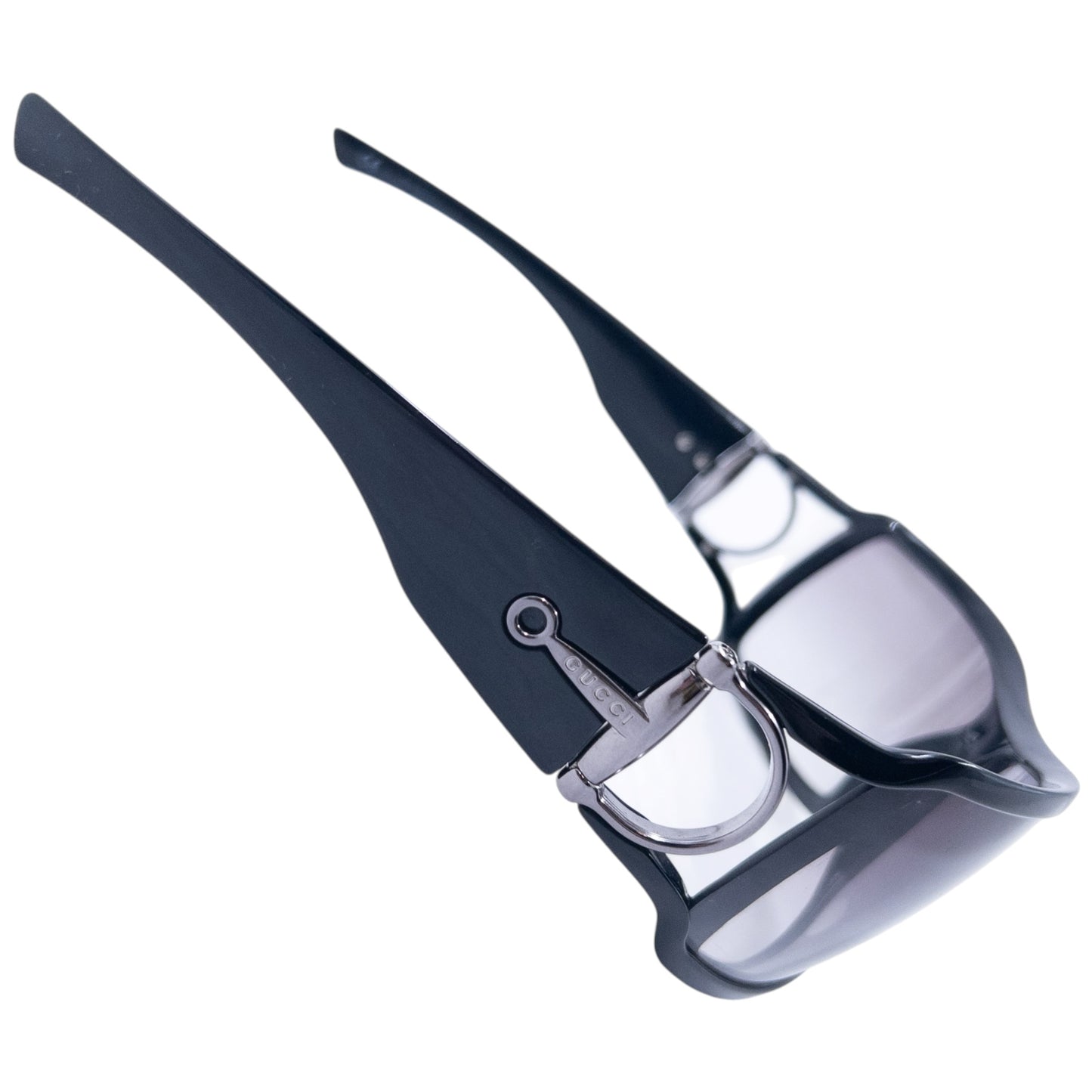 GUCCI black sunglasses large wraparound style silver-tone horse bit hardware detail on temples