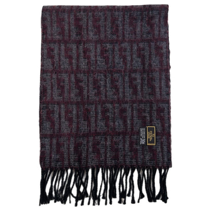 FENDI vintage 90s wool scarf burgundy and grey monogram pattern with black tassels on ends