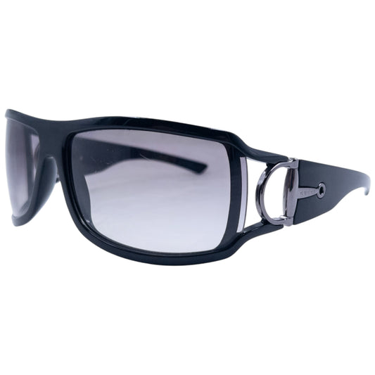 GUCCI black sunglasses large wraparound style silver-tone horse bit hardware detail on temples