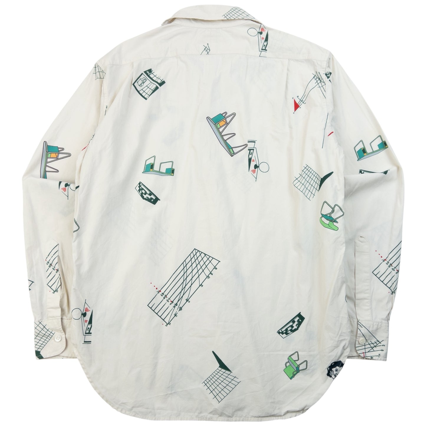 Cav Empt blue and white button-up shirt with abstract geometric print and single chest pocket.