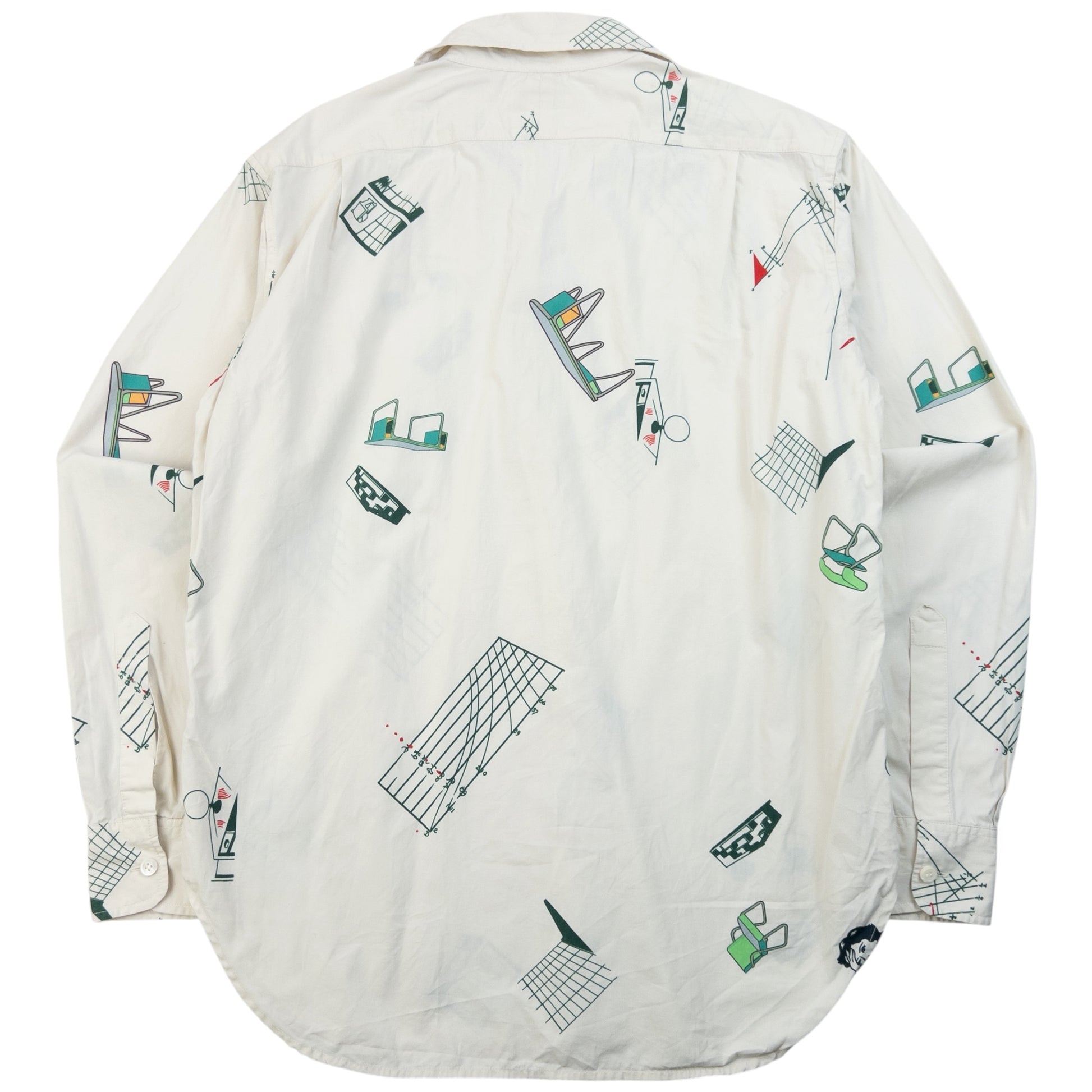 Cav Empt blue and white button-up shirt with abstract geometric print and single chest pocket.