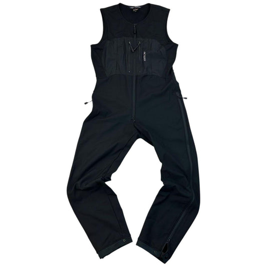 ARCTERYX black lightweight zip-up jumpsuit with distinctive logo on chest and zippered pockets.