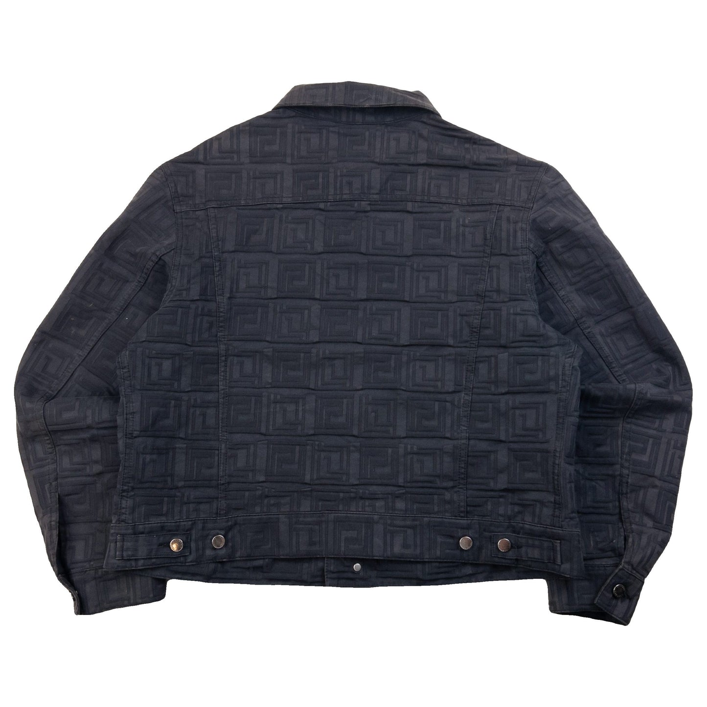 Versace Classic black button-up jacket embossed geometric pattern and branded metal buttons.