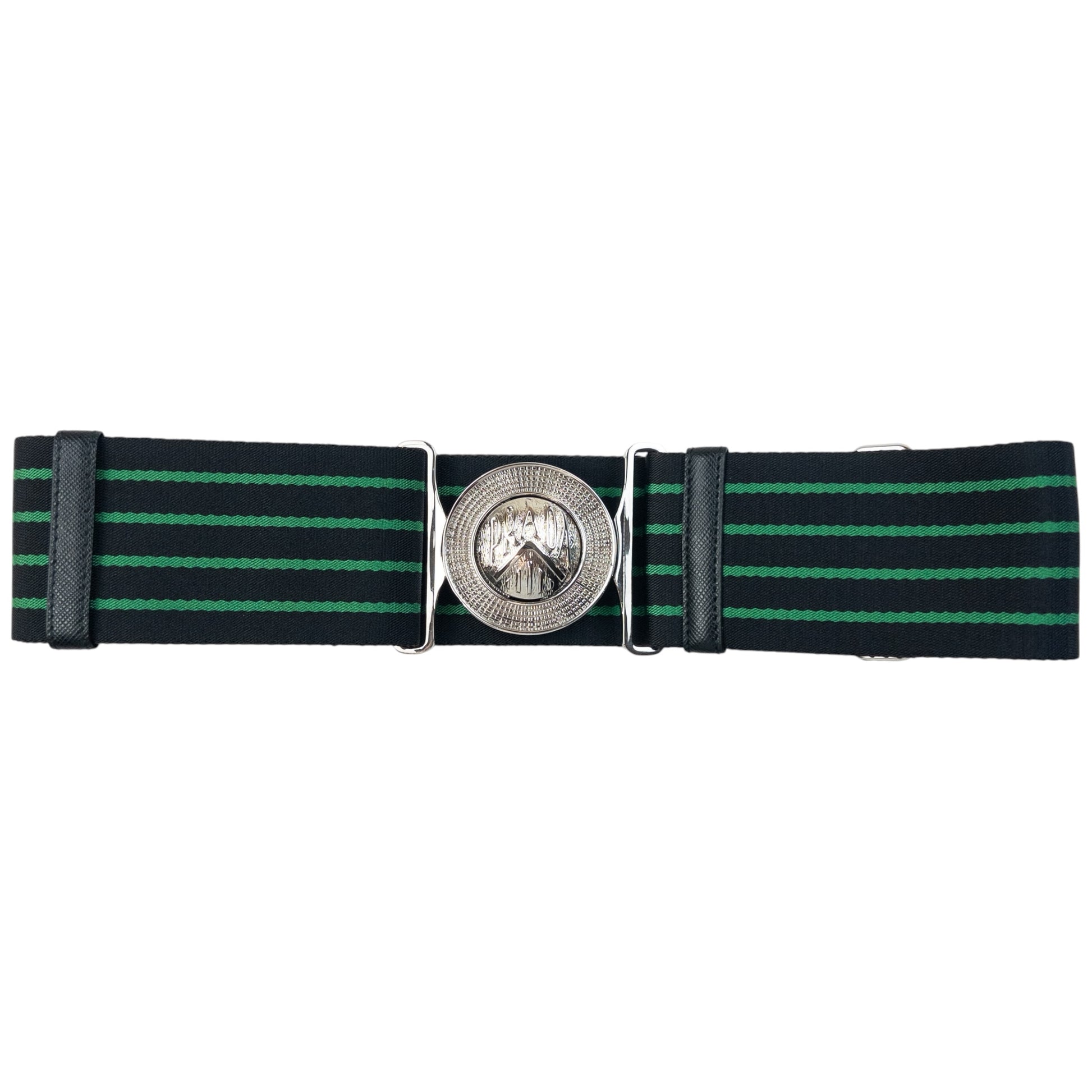 Prada black and green striped belt wide elastic design with silver-tone logo buckle detail