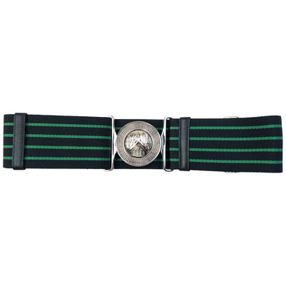 Prada black and green striped belt wide elastic design with silver-tone logo buckle detail