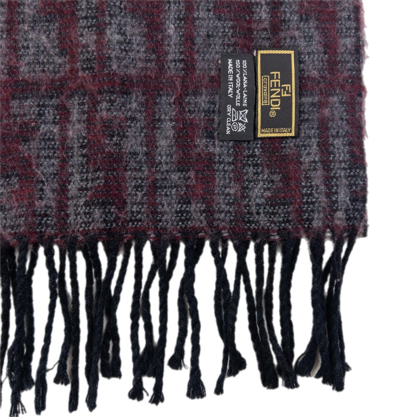FENDI vintage 90s wool scarf burgundy and grey monogram pattern with black tassels on ends