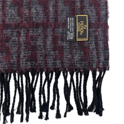 FENDI vintage 90s wool scarf burgundy and grey monogram pattern with black tassels on ends