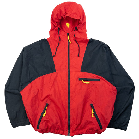 Marlboro black and red lightweight jacket with drawstring hood and three zippered pockets.