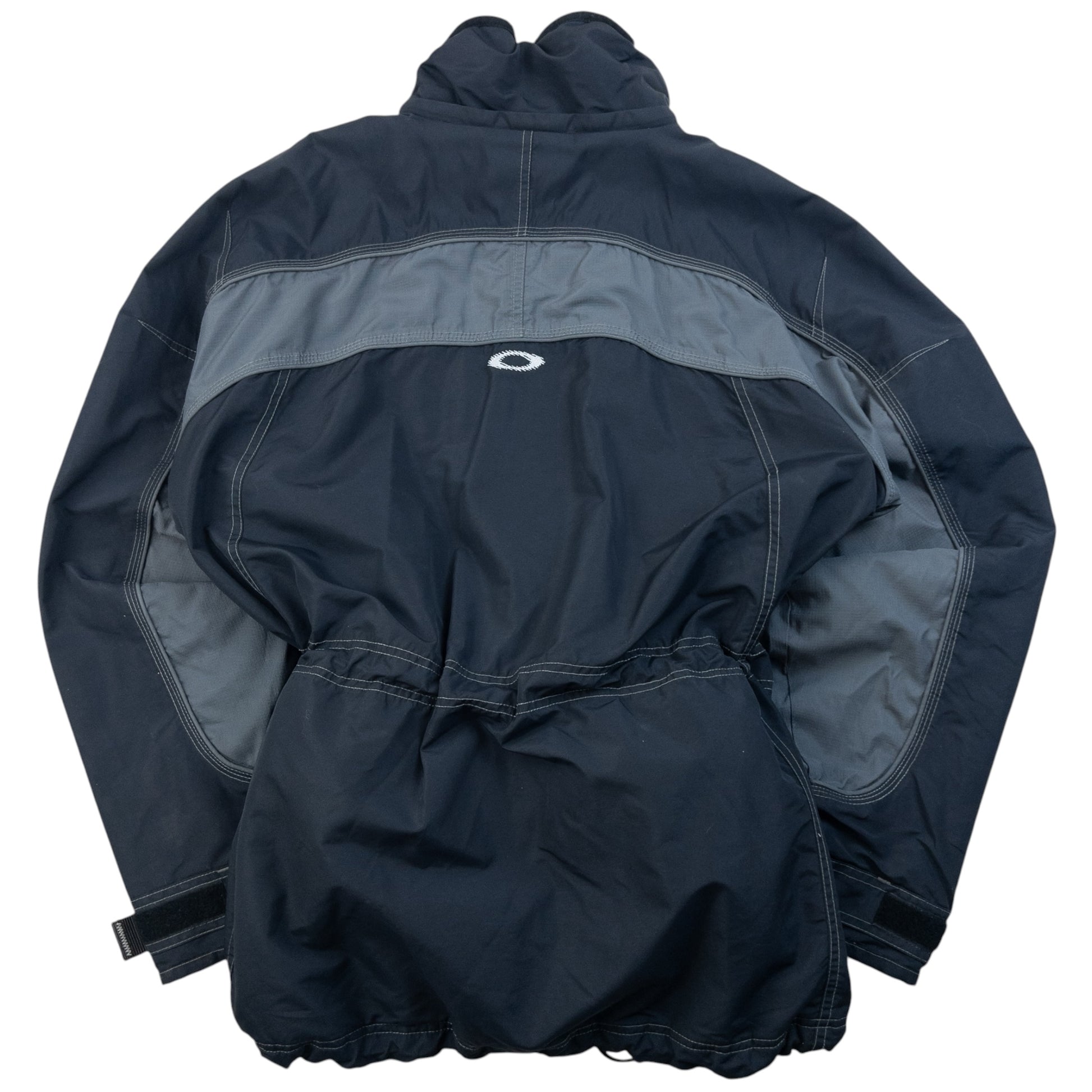 OAKLEY black and grey zip-up snowboarding jacket with embroidered logo and adjustable cuffs.