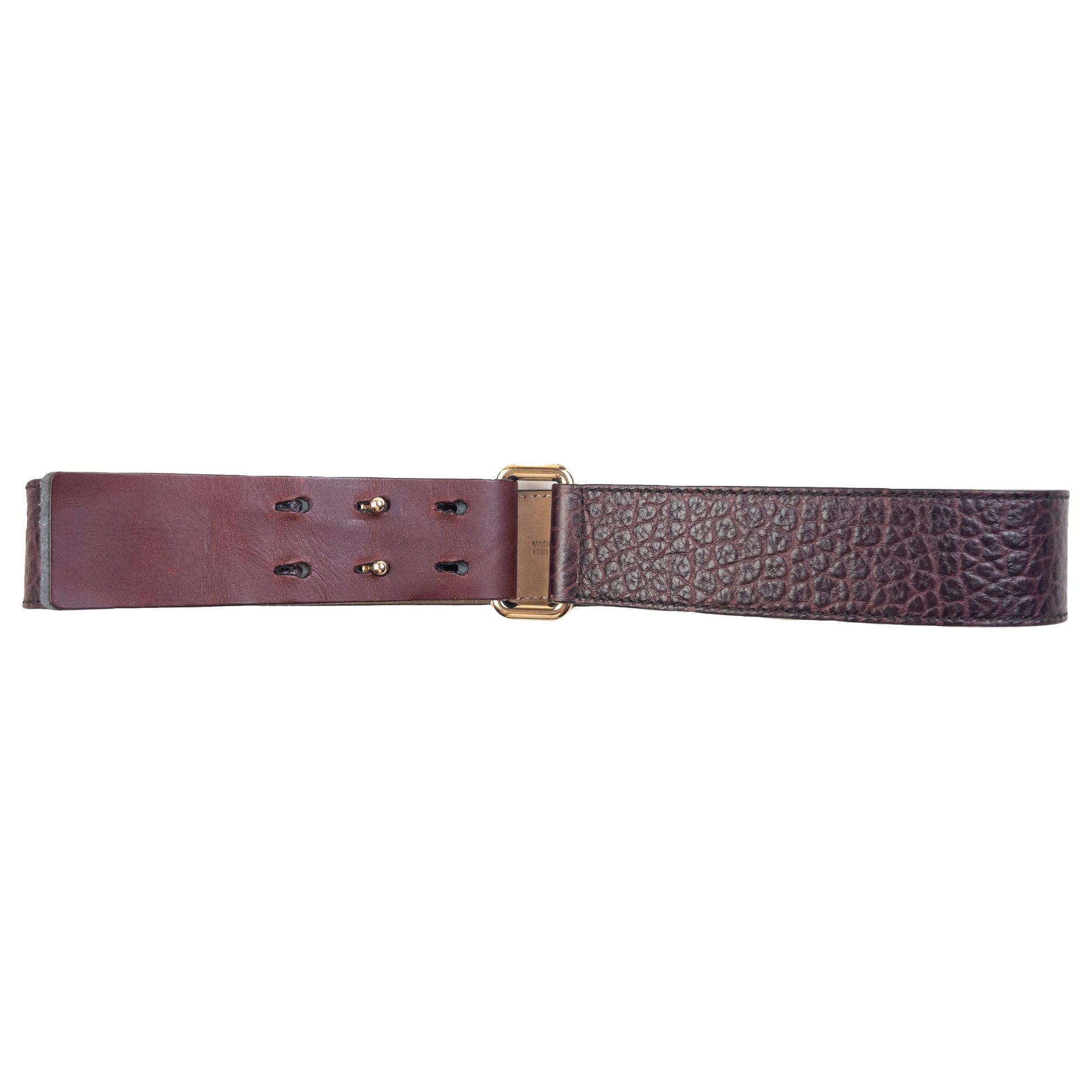 Burberry brown and burgundy leather belt textured finish gold-tone double prong buckle detail