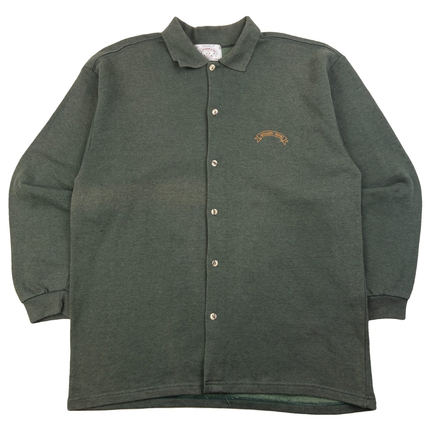 Armani Jeans green button-up collared jumper embroidered logo on chest, fleece-lined interior.