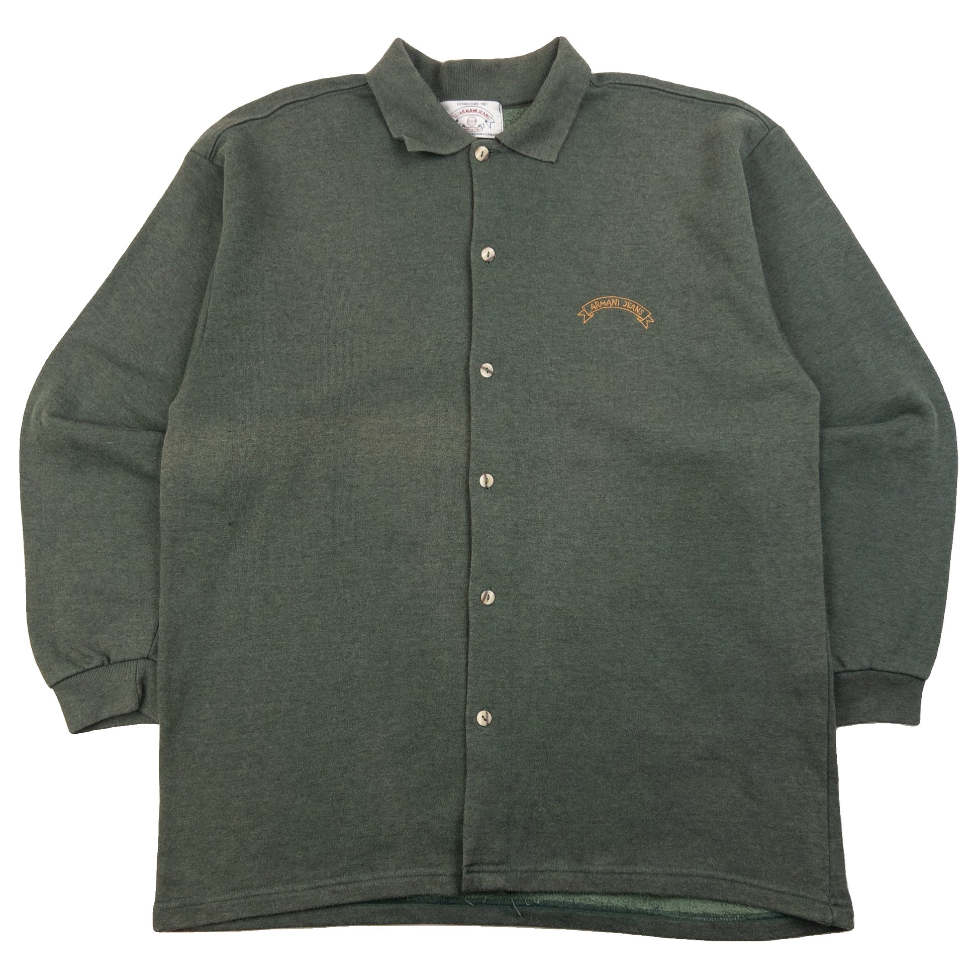 Armani Jeans green button-up collared jumper embroidered logo on chest, fleece-lined interior.