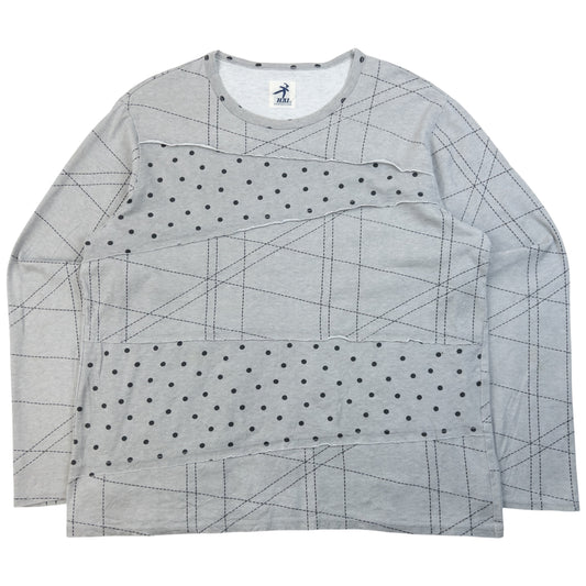 Hai long sleeve casual top grey with black grid lines and polka dot overlay design.