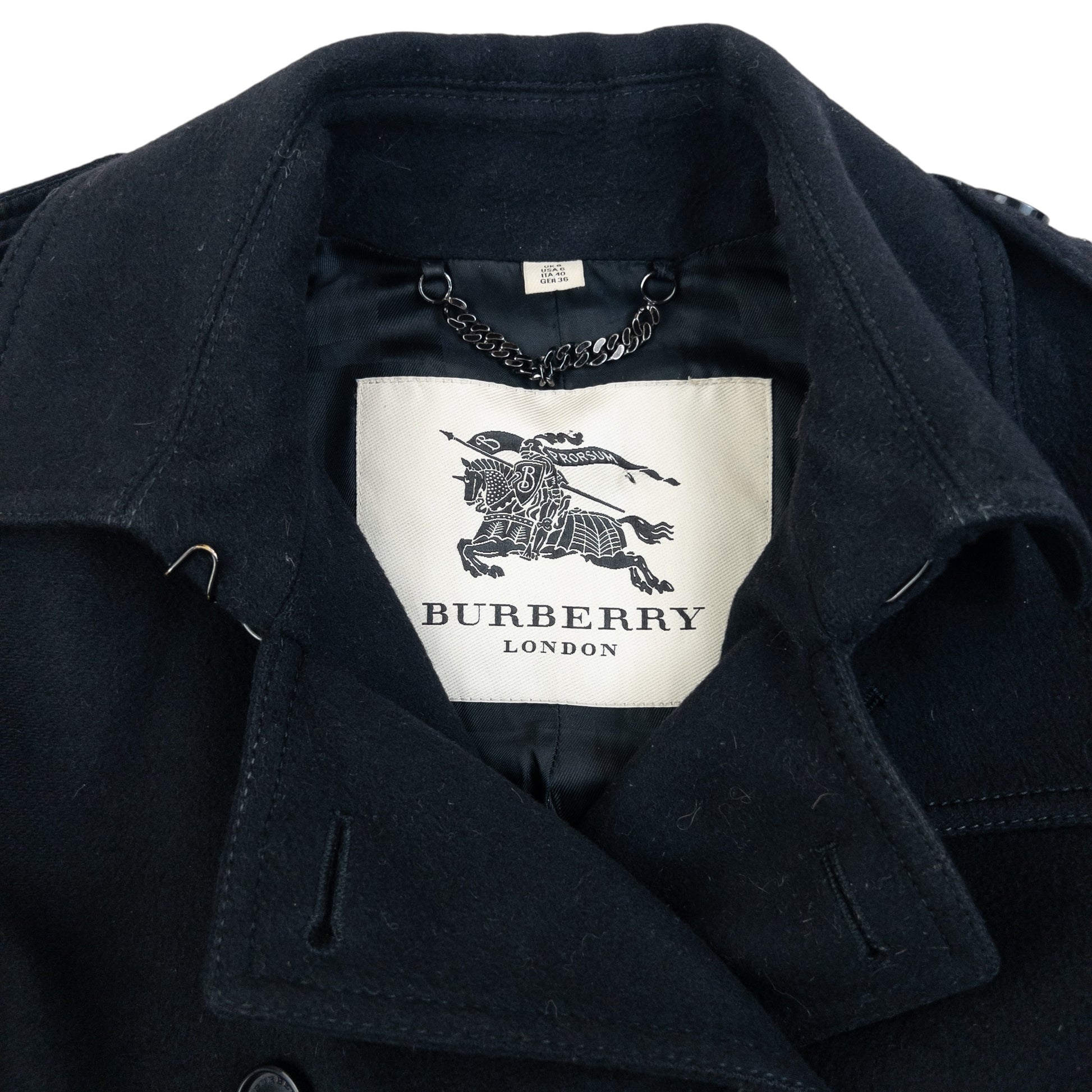 Burberry London black wool trench coat double breasted design with embossed fastenings and epaulets