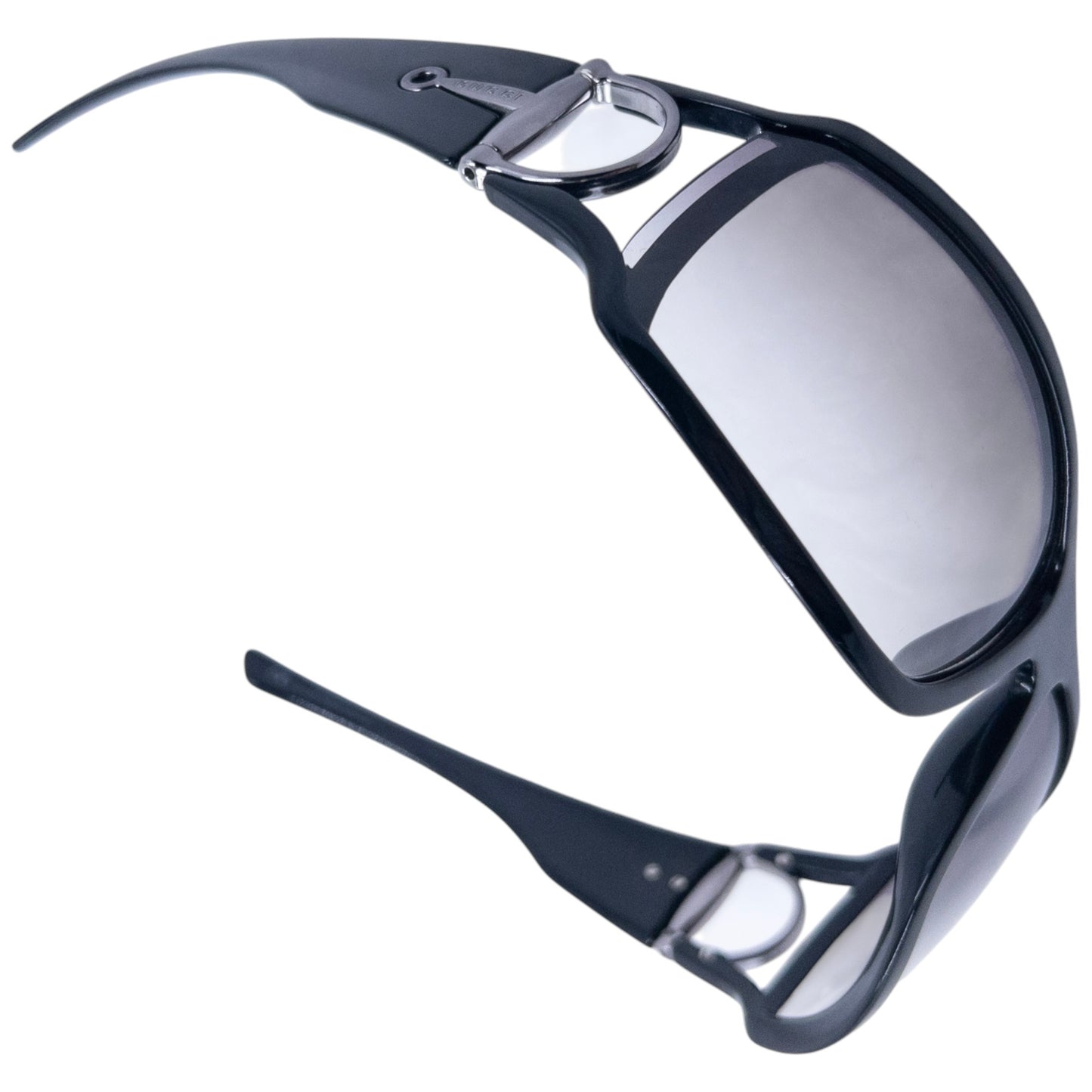 GUCCI black sunglasses large wraparound style silver-tone horse bit hardware detail on temples