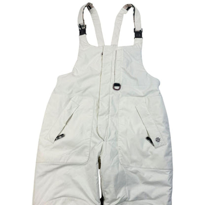 Burberry white ski overalls with logo detail on chest and adjustable straps.