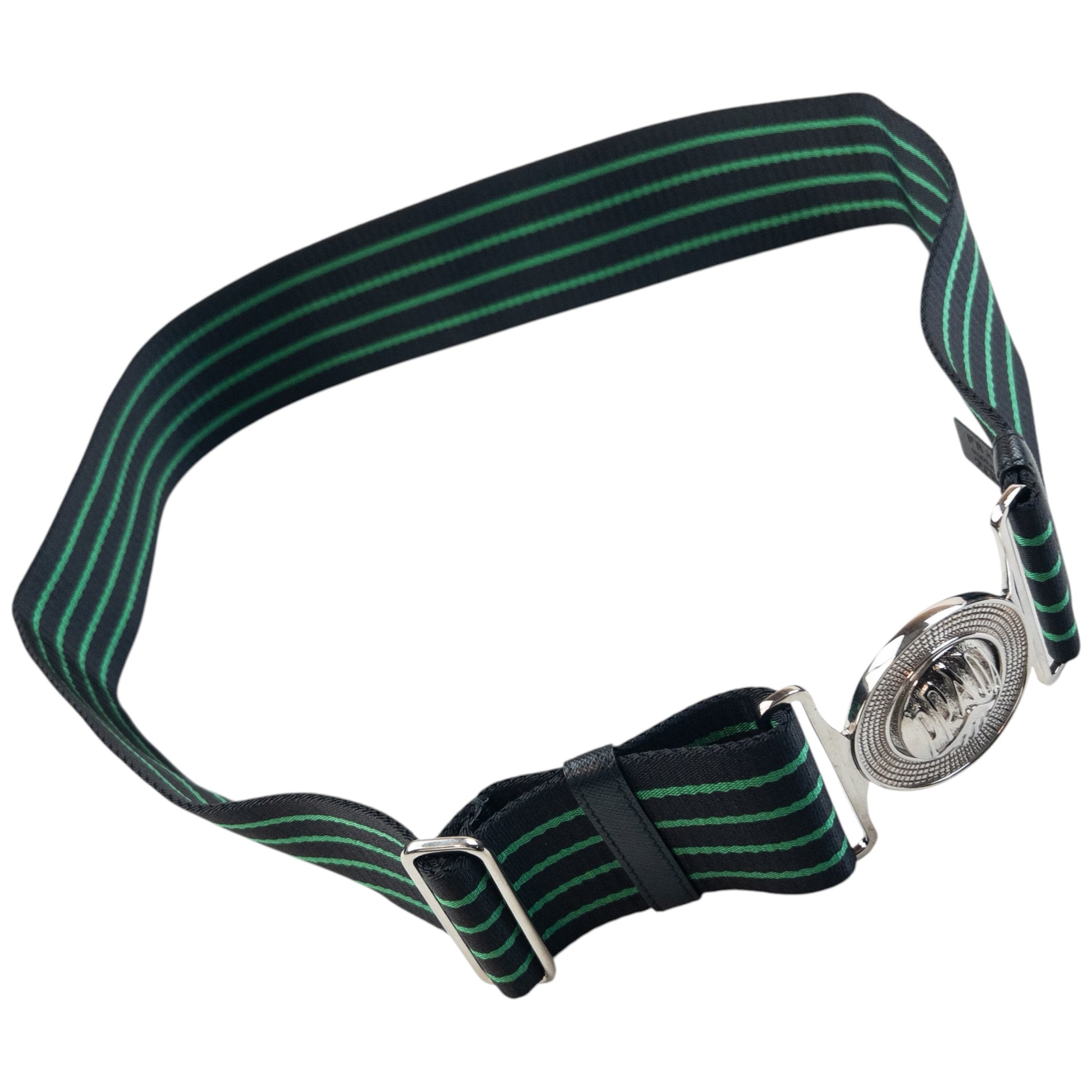 Prada black and green striped belt wide elastic design with silver-tone logo buckle detail