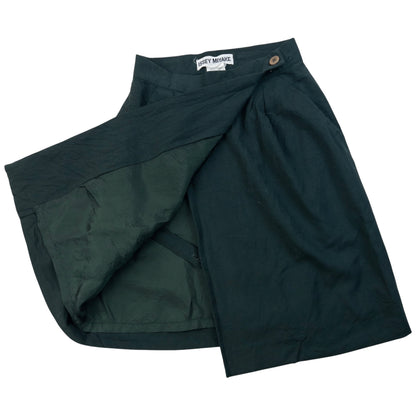 ISSEY MIYAKE vintage wrap skirt dark green wool fabric with button fastener at waistband