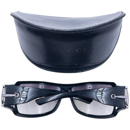 GUCCI black sunglasses large wraparound style silver-tone horse bit hardware detail on temples