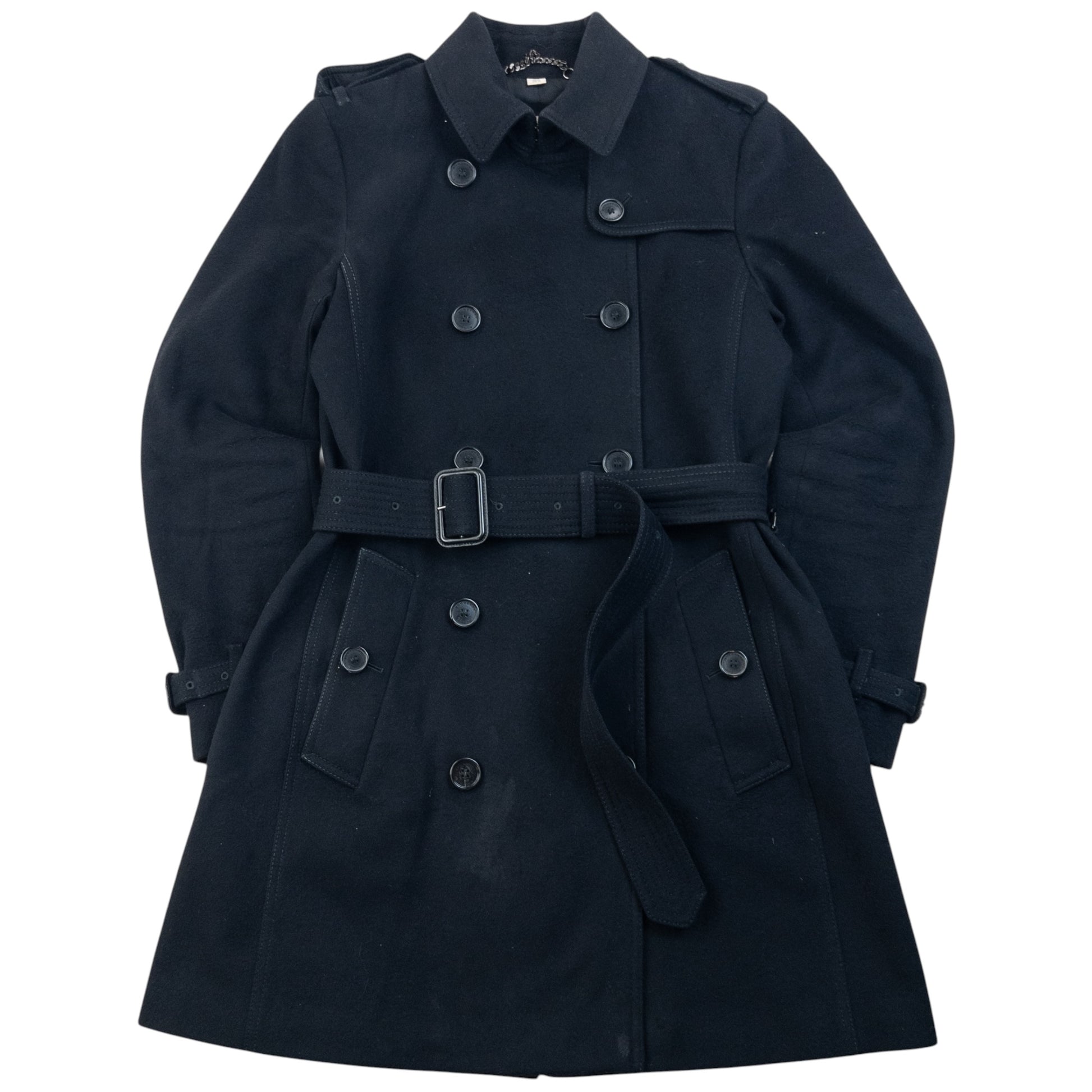 Burberry London black wool trench coat double breasted design with embossed fastenings and epaulets