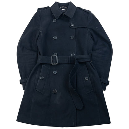 Burberry London black wool trench coat double breasted design with embossed fastenings and epaulets