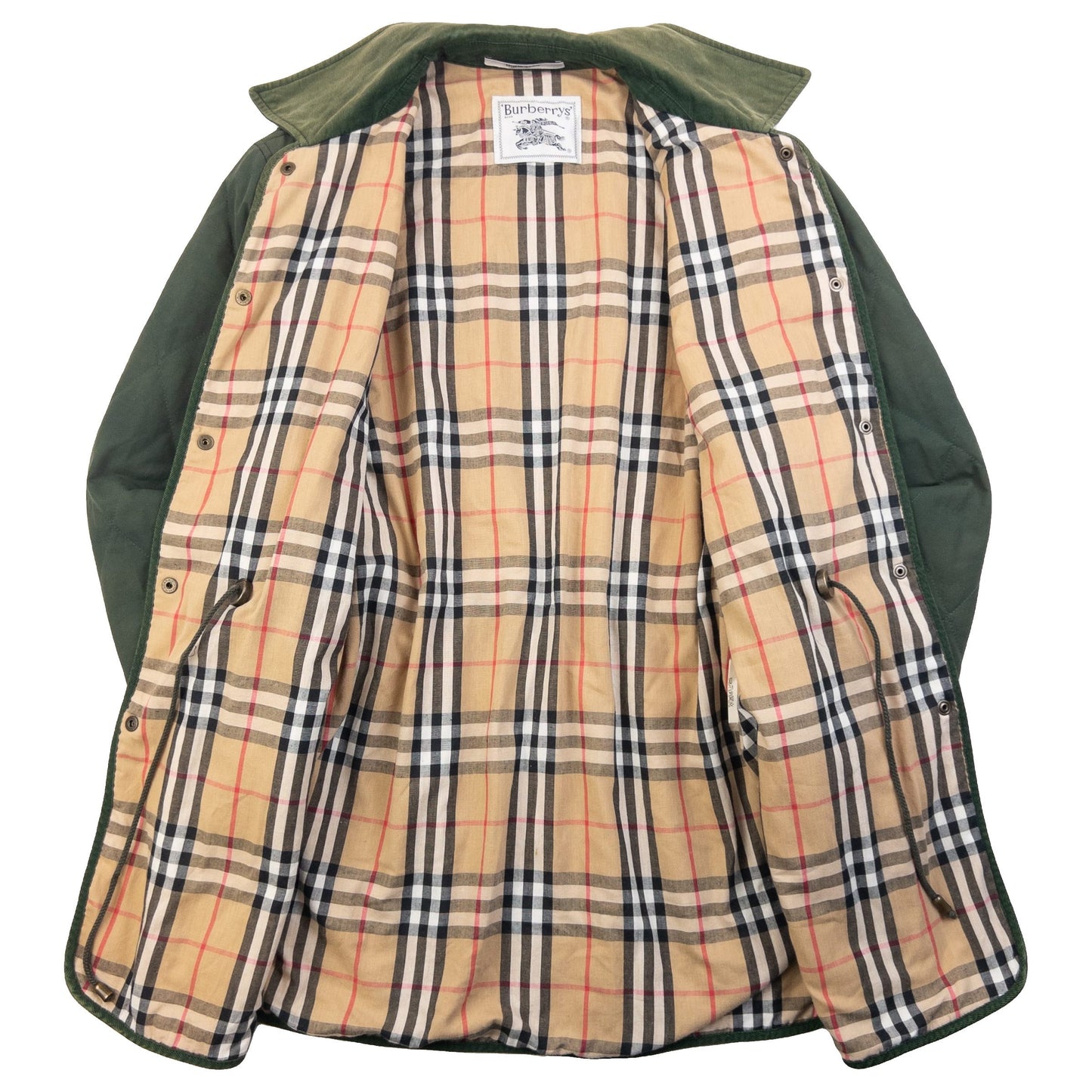 Burberry green quilted jacket with Nova Check lining, snap button closure, and corduroy collar.
