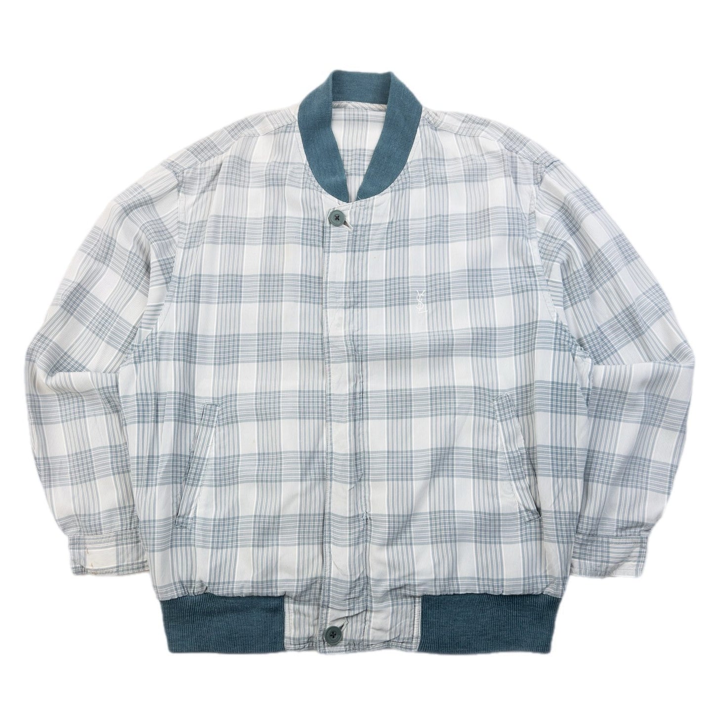 YVES SAINT LAURENT blue and white checkered bomber jacket embroidered logo on chest, ribbed details.