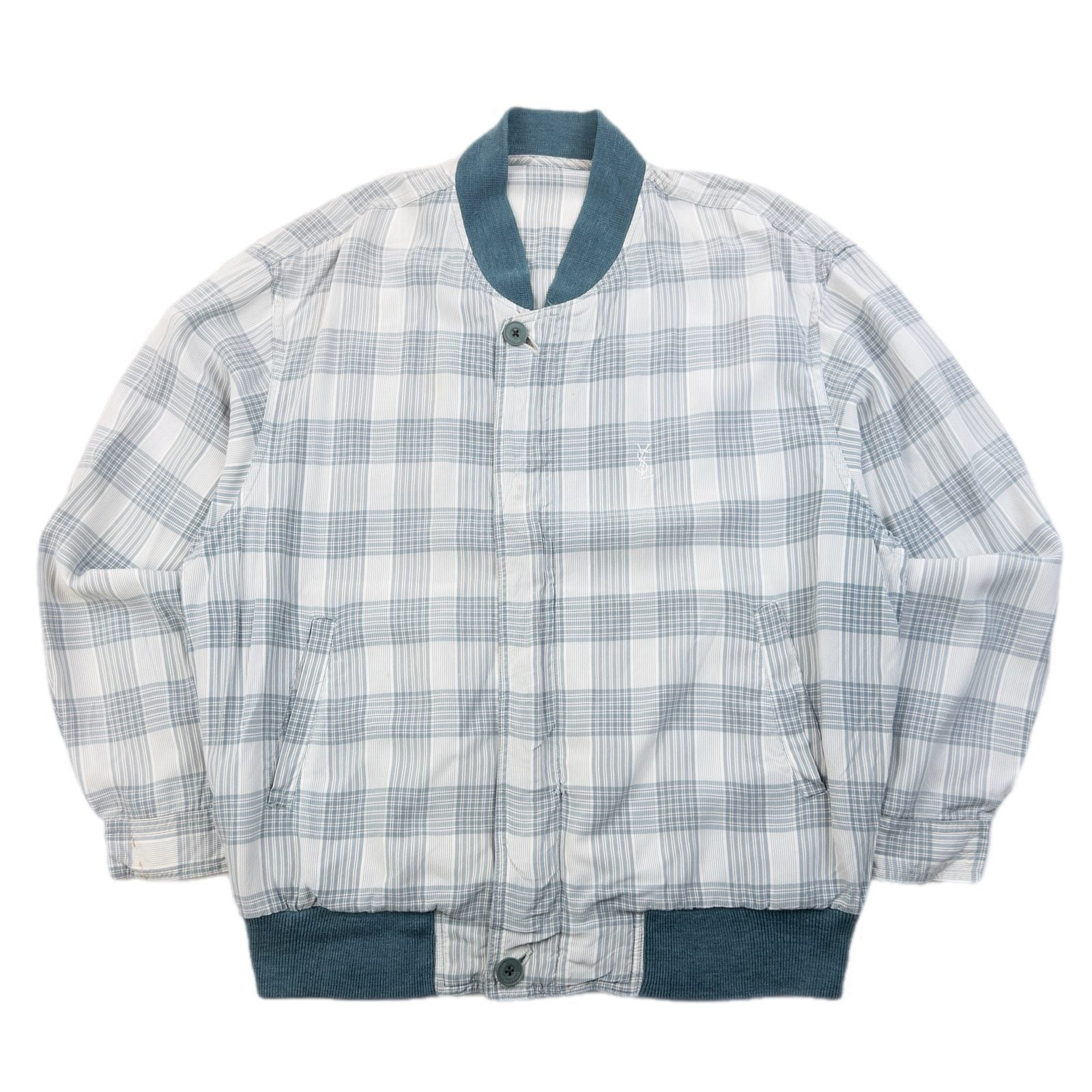 YVES SAINT LAURENT blue and white checkered bomber jacket embroidered logo on chest, ribbed details.
