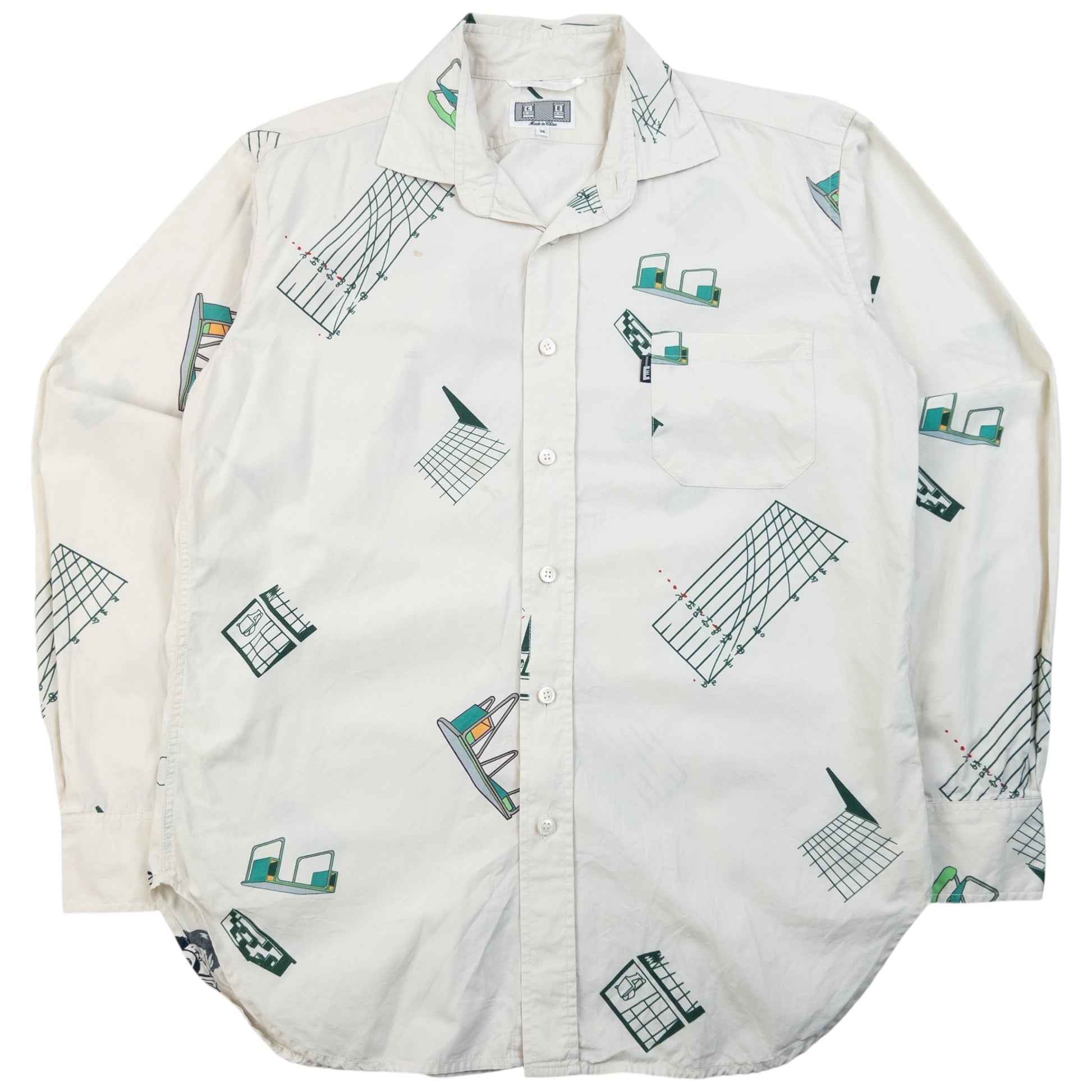 Cav Empt blue and white button-up shirt with abstract geometric print and single chest pocket.