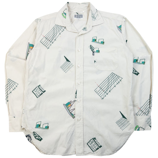 Cav Empt blue and white button-up shirt with abstract geometric print and single chest pocket.