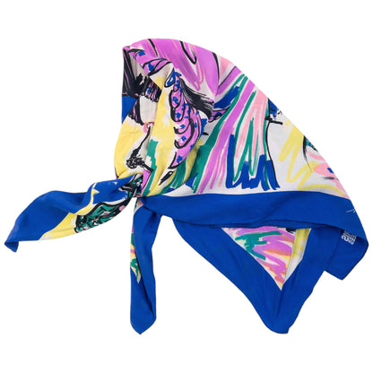 Vintage 90s Balenciaga Paris Musees Illustrated Silk Scarf in blue, photo 6