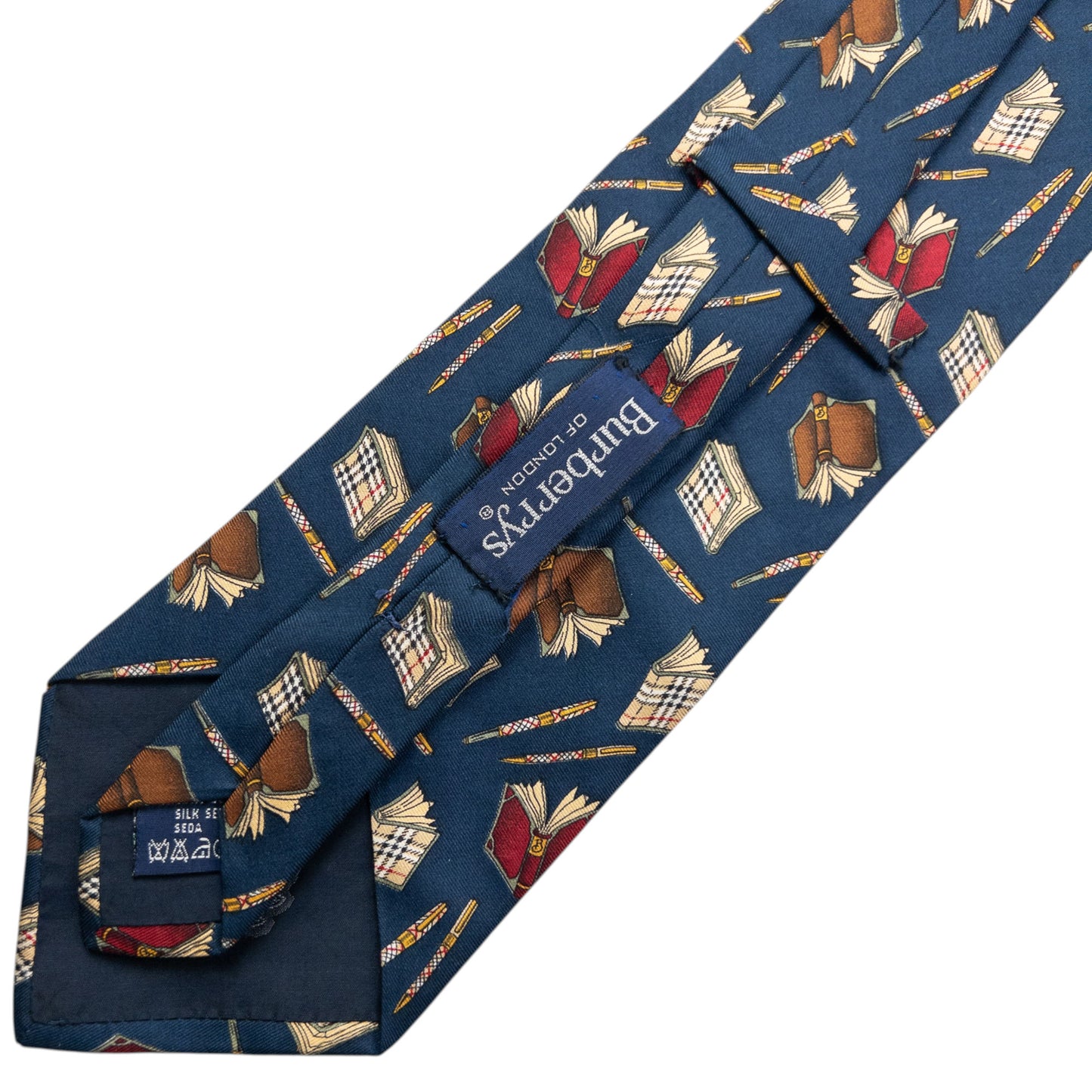 Vintage 90s Burberry Book & Pen Pattern Silk Tie