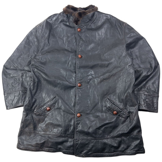 Vintage 80s Emporio Armani Fur Collar Stone Leather Jacket Size XXL