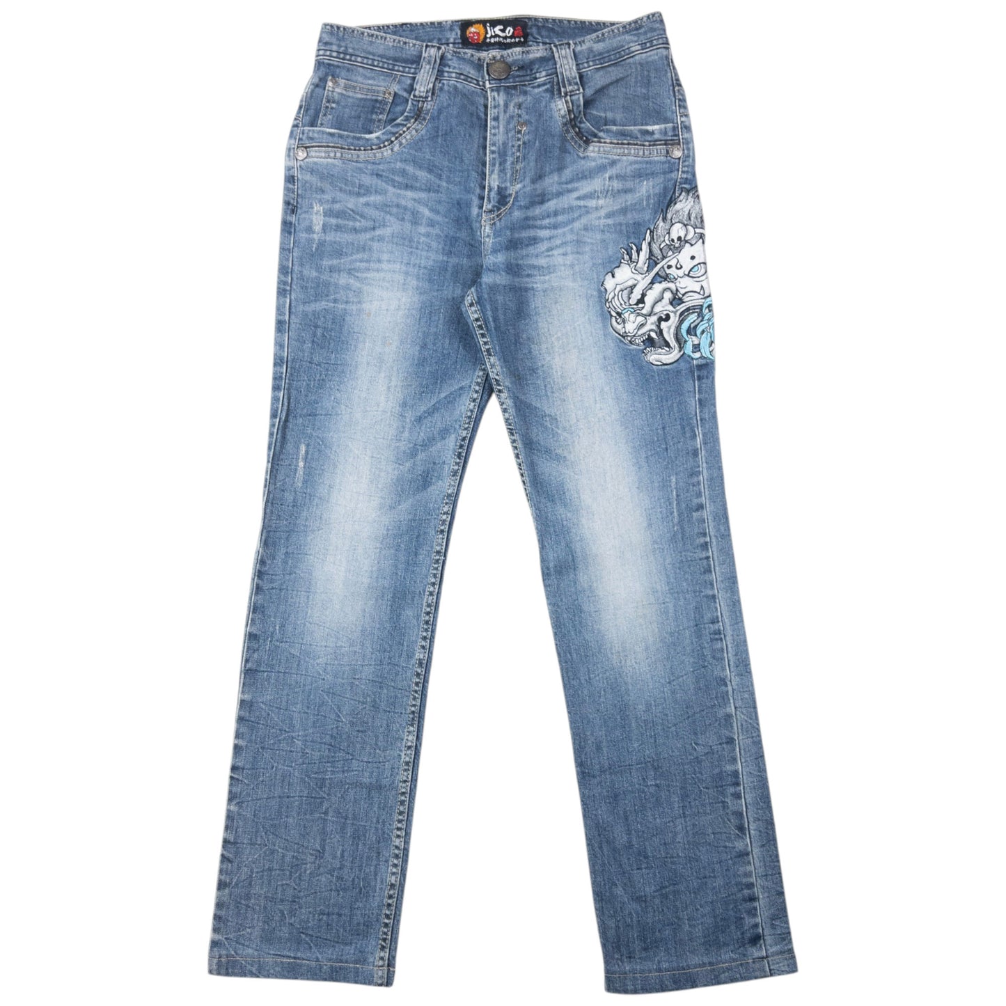Vintage 2000s Jizo Bosatsu Embroidered Masked Troll Japanese Denim Jeans Size W29