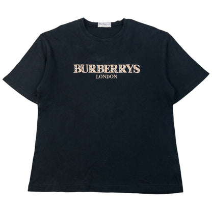 Vintage 90s Burberry Embroidered T Shirt in black (cotton), beige embroidered logo text