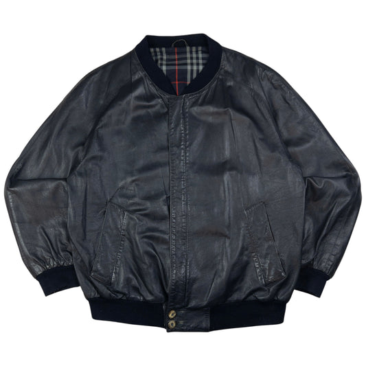 Vintage Burberry Nova Check Lined Leather Bomber Jacket Size L