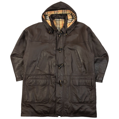 Vintage 90s Burberry Nova Check Lined Leather Duffle Jacket Size XL