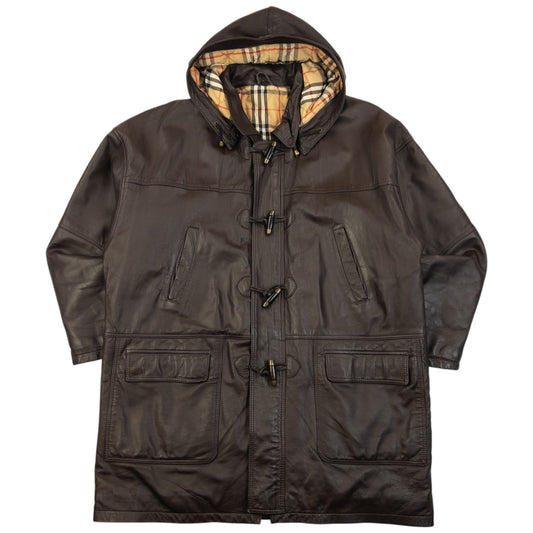 Vintage 90s Burberry Nova Check Lined Leather Duffle Jacket Size XL
