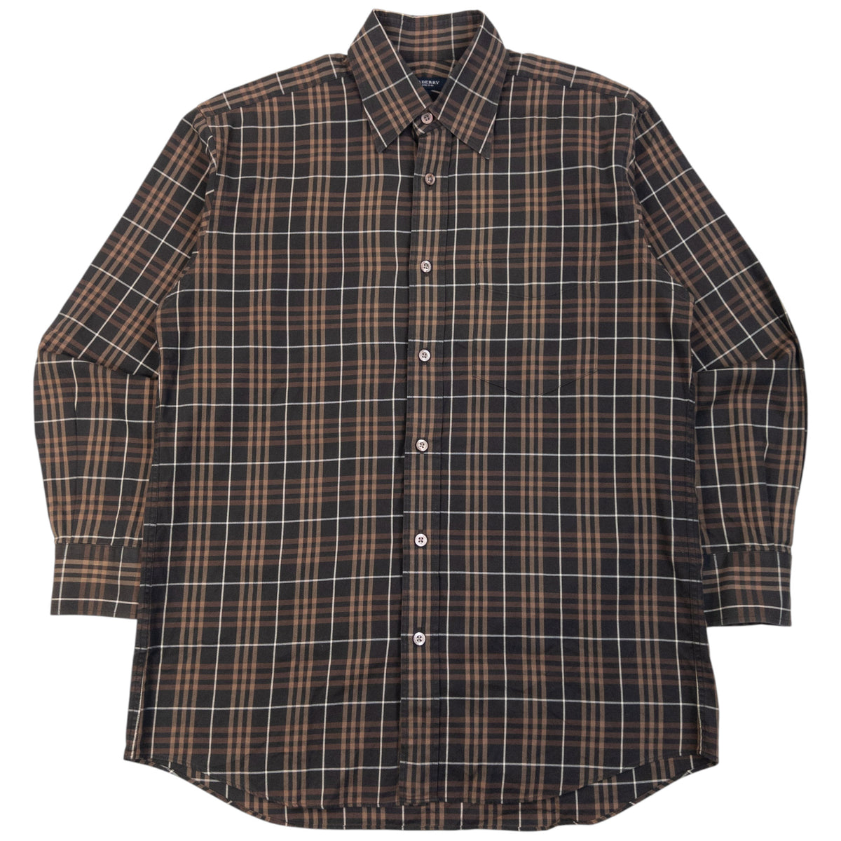 Vintage 2000s Burberry Nova Check Long Sleeve Button Up Shirt in brown, embossed fastenings