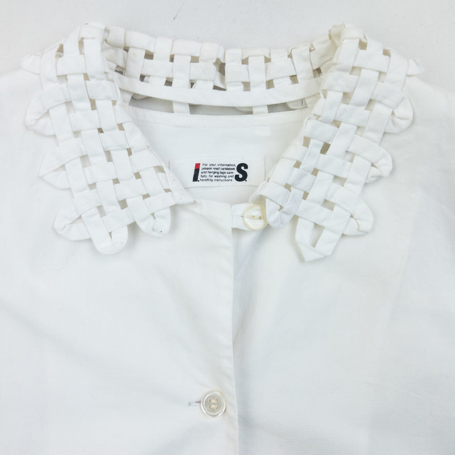 Vintage 80s Issey Miyake I.S. Crochet Collar Long Sleeve Button Up Shirt Size S