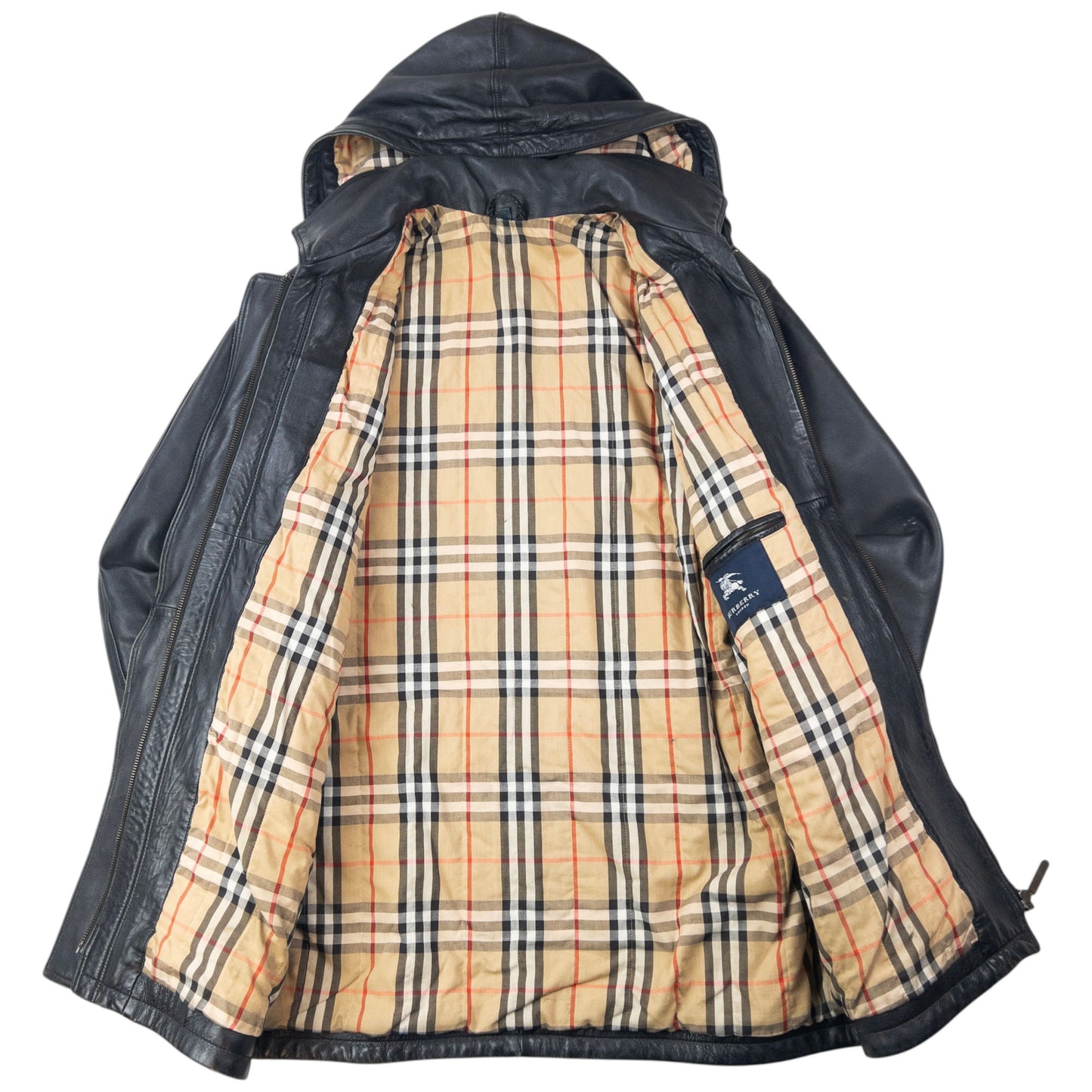 Vintage 2000s Burberry Nova Check Lined Leather Duffle Jacket Size XL