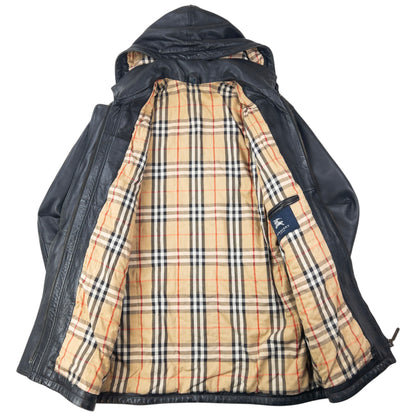 Vintage 2000s Burberry Nova Check Lined Leather Duffle Jacket Size XL