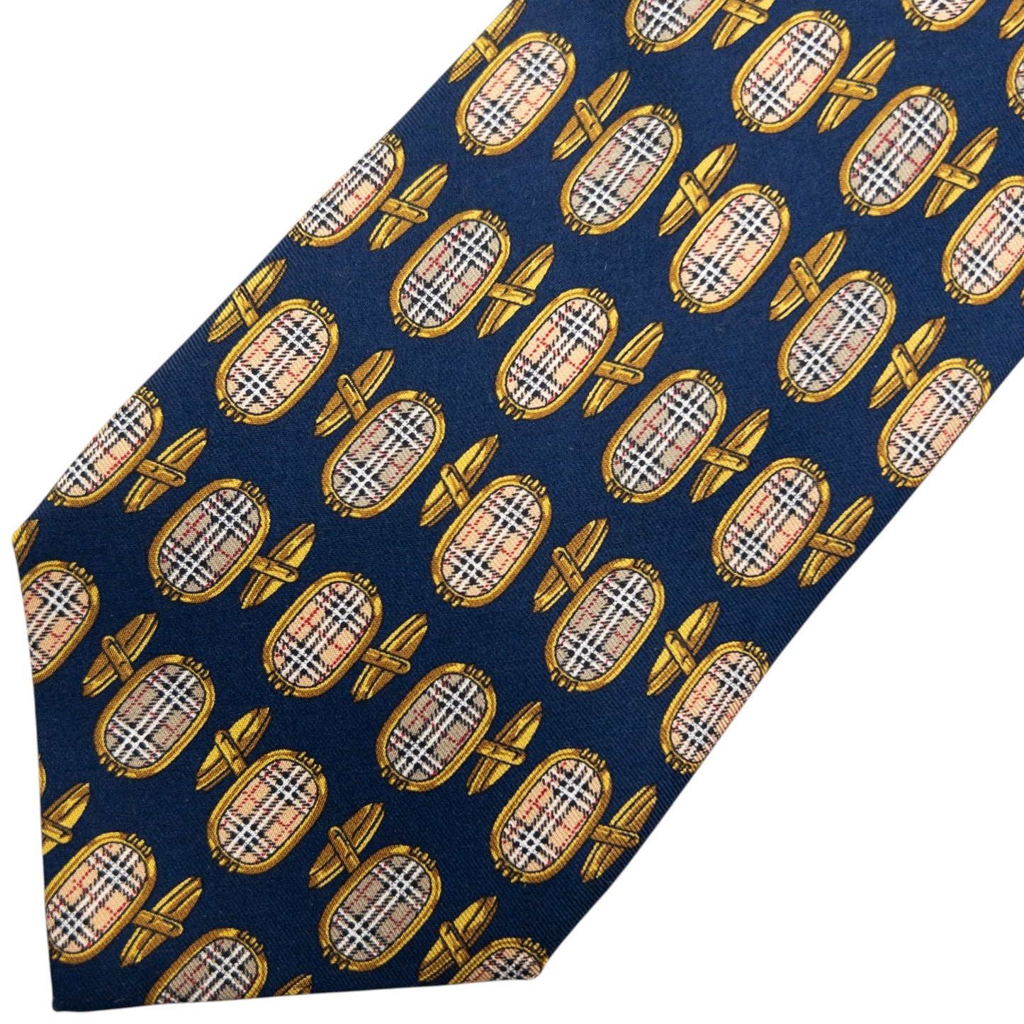 Vintage 80s Burberry Nova Check Cuff Link Print Silk Tie