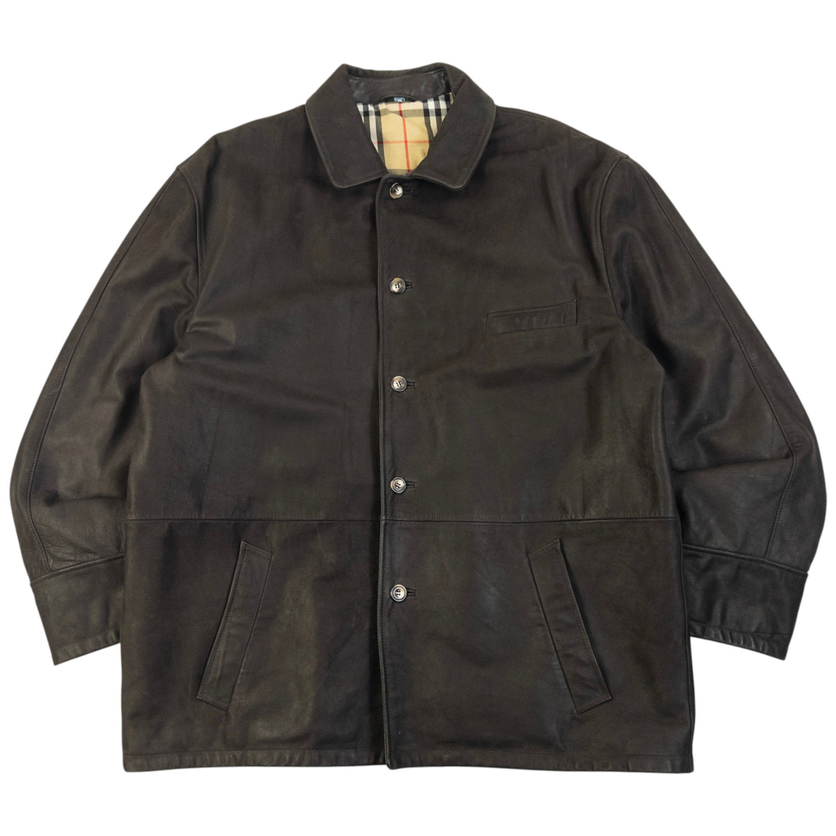 Vintage 2000s Burberry Nova Check Lined Leather Jacket Size XL