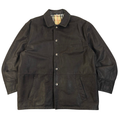 Vintage 2000s Burberry Nova Check Lined Leather Jacket Size XL
