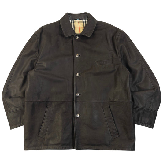 Vintage 2000s Burberry Nova Check Lined Leather Jacket Size XL
