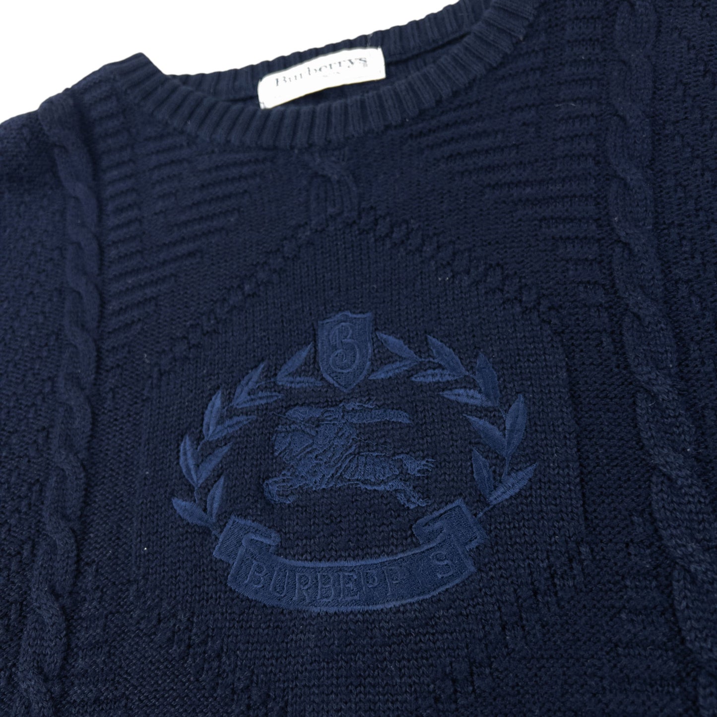 Vintage 90s Burberry Embroidered Wool Cable Knit Jumper Size XL