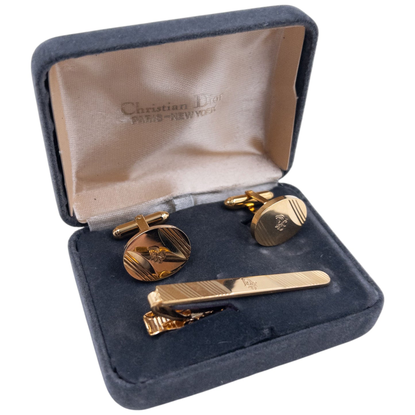 Vintage 80s Dior Embossed Cufflinks & Tie Clip Set
