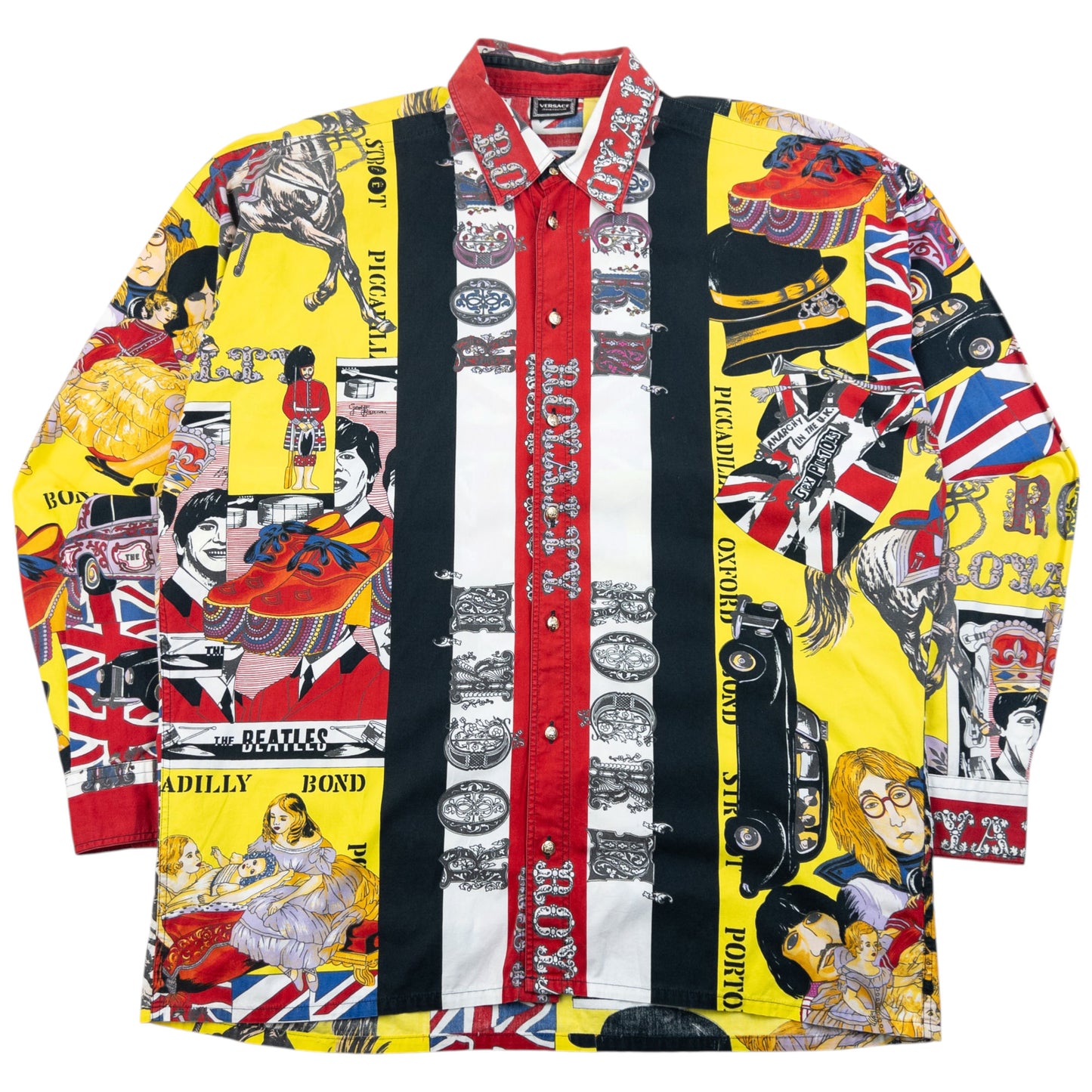 Vintage 90s Versace Jeans Couture Rock N Roll Royalty Print Button Up Shirt Size XL